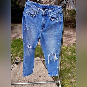 Zara cropped pearl studded jeans women size (10)